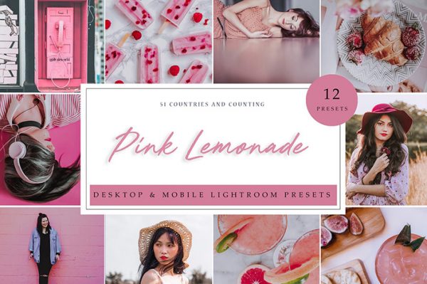36 پریست لایت روم رنگی حرفه ای تم صورتی Pink Lemonade Lightroom Presets