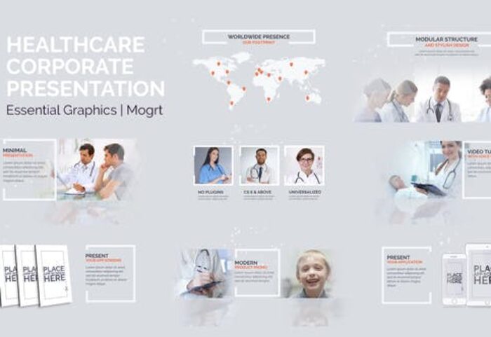 پروژه پریمیر با موزیک رزولوشن 4k موسسات بهداشتی Healthcare Corporate Presentation Essential Graphics Mogrt