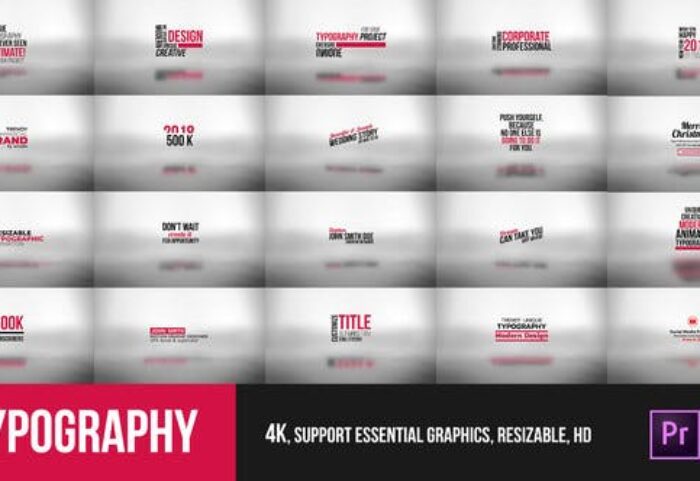 تایتل آماده پریمیر رزولوشن 4K پکیج 47 عددی Typography Essential Mogrt