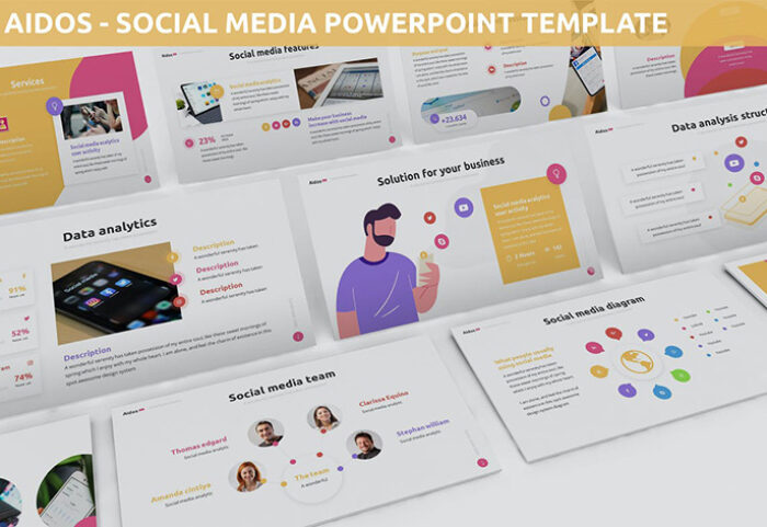 قالب آماده پاورپوینت تم رسانه های اجتماعی Aidos Social Media Powerpoint Template