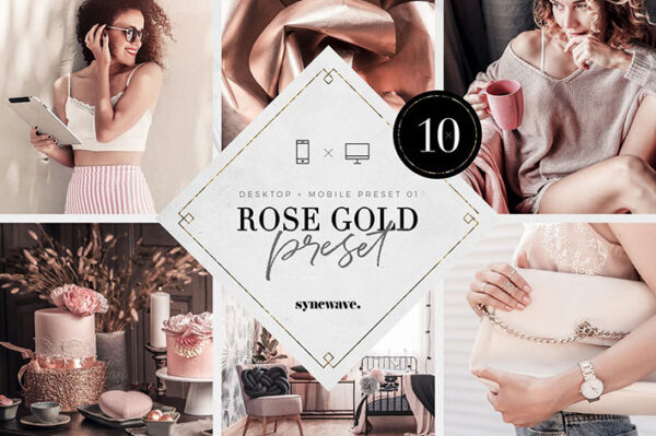 10 پریست لایت روم دسکتاپ و موبایل تم رز طلایی Rose Gold Lightroom Presets Bundle