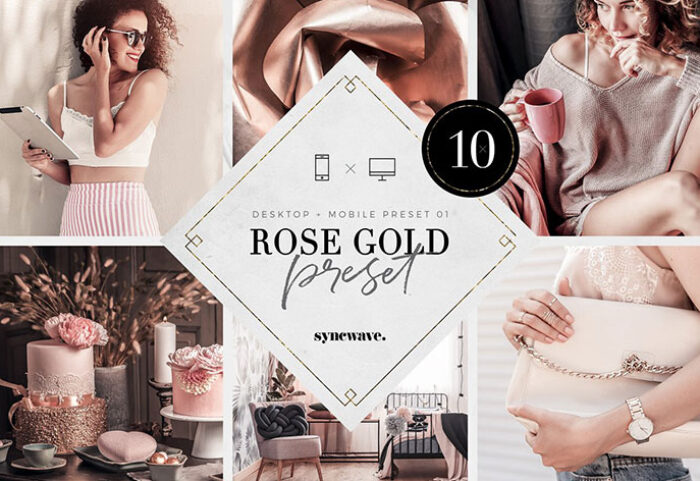 10 پریست لایت روم دسکتاپ و موبایل تم رز طلایی Rose Gold Lightroom Presets Bundle