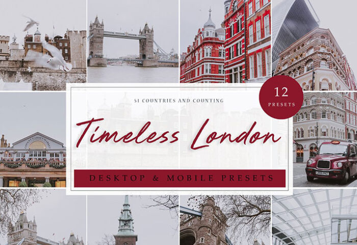 12 پریست لایت روم حرفه ای تم رنگی لندن Timeless London Lightroom Presets