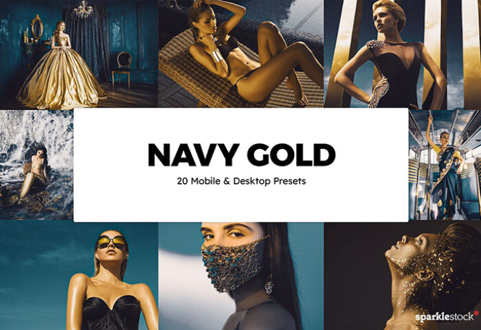 20 پریست لایت روم و لات رنگی و پریست کمراراو فتوشاپ تم طلایی Navy Gold Lightroom Presets & LUT