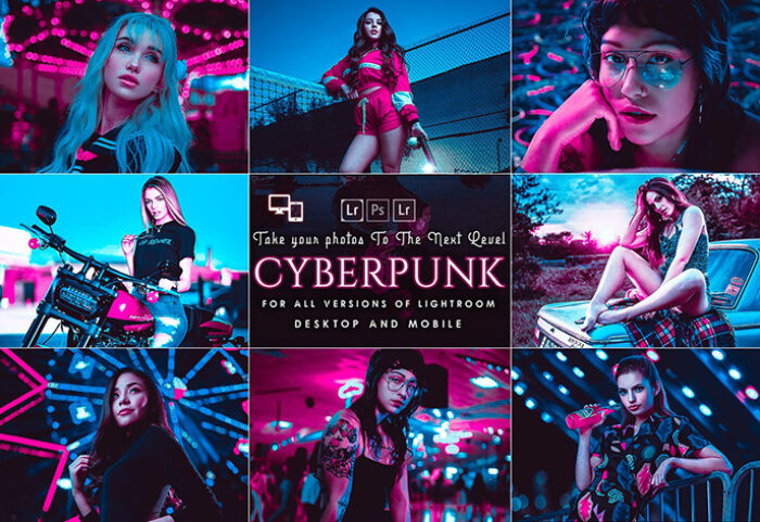 4 پریست لایت روم حرفه ای تم صورتی Cyberpunk Lightroom Presets