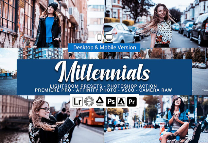 73 پریست لایت روم و کمرا راو و اکشن فتوشاپ و لات رنگی Millennials Lightroom Presets