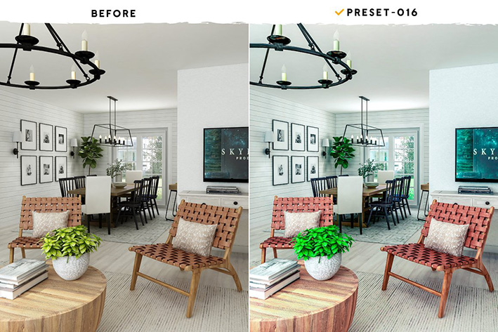 80 پریست لایت روم و پریست کمرا فتوشاپ و اکشن دکوراسیون داخلی Room Decor Presets Actions
