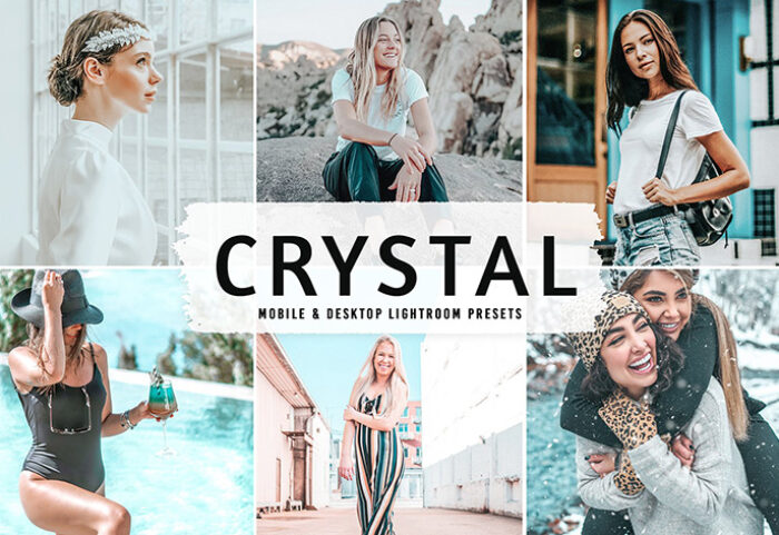 40 پریست لایت روم پرتره فضای باز و پریست کمرا راو و اکشن فتوشاپ تم شفاف Crystal Lightroom Presets