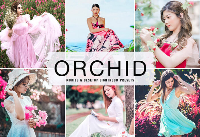 40 پریست لایت روم پرتره و پریست کمرا راو و اکشن فتوشاپ تم ارغوانی Orchid Lightroom Presets