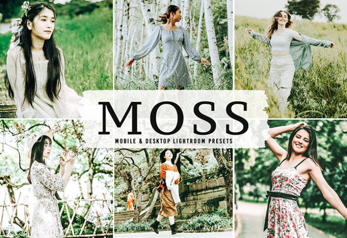 40 پریست لایت روم پرتره و پریست کمرا راو و اکشن فتوشاپ تم سبز Moss Lightroom Presets
