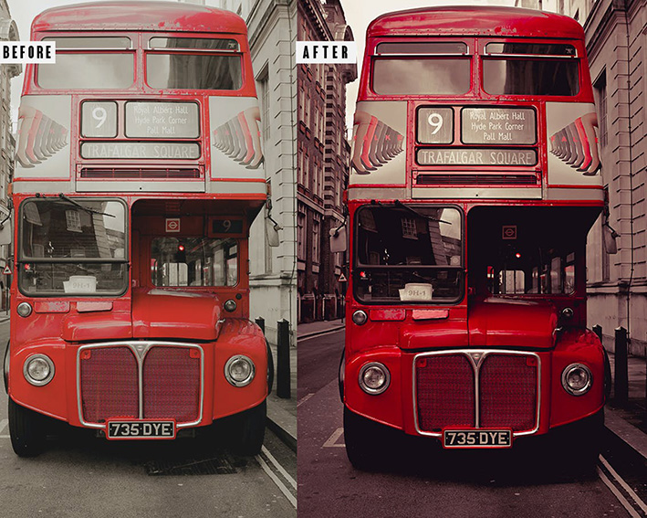 9 پریست لایت روم و اکشن فتوشاپ تم لندن London Photoshop Action Lightrom Presets