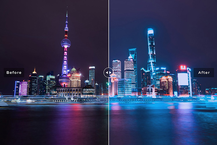 40 پریست لایت روم فضای باز و پریست کمرا راو و اکشن فتوشاپ تم شهر در شب Dystopia Lightroom Presets