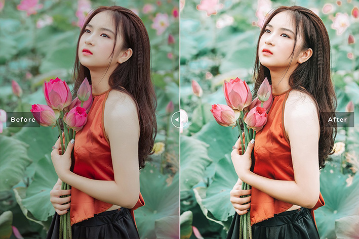 40 پریست لایت روم پرتره و پریست کمرا راو و اکشن فتوشاپ تم فضای باز Coquelicot Lightroom Presets