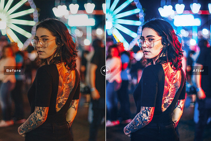 40 پریست لایت روم پرتره و پریست کمرا راو و اکشن فتوشاپ تم نور نئون Fluorescence Lightroom Presets