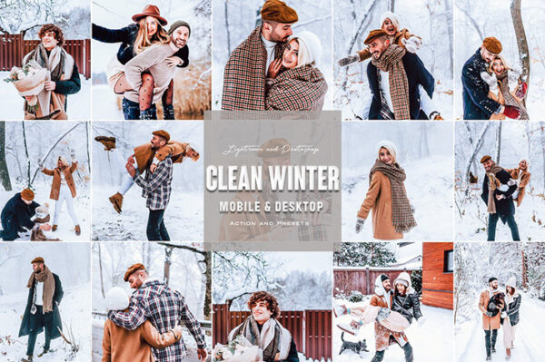 9 پریست لایت روم زمستان و اکشن فتوشاپ Clean Winter Photoshop Actions Lightroom Presets