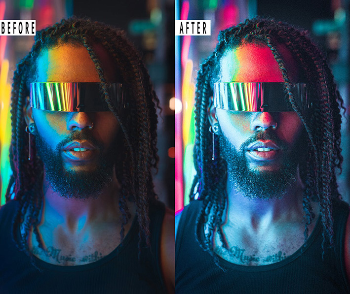 9 پریست لایت روم پرتره سینمایی و اکشن فتوشاپ CyberPunk Portrait Photoshop Action Lightrom