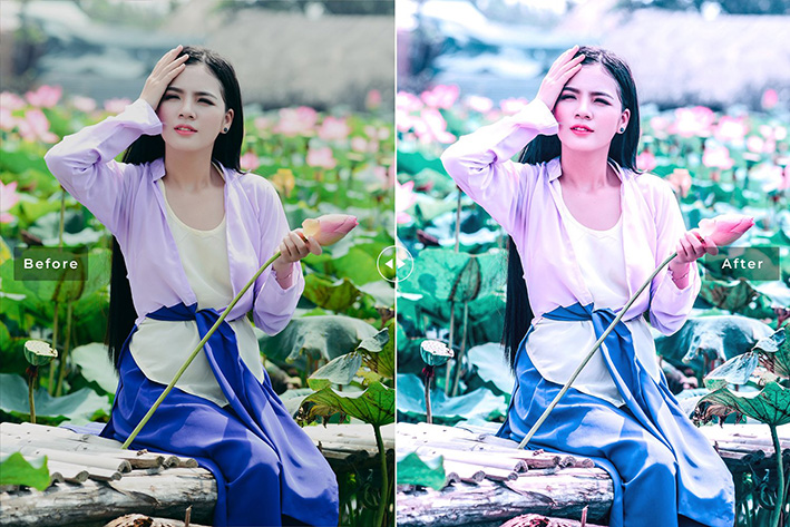 40 پریست لایت روم پرتره و پریست کمرا راو و اکشن فتوشاپ تم فضای باز Purpureus Lightroom Presets