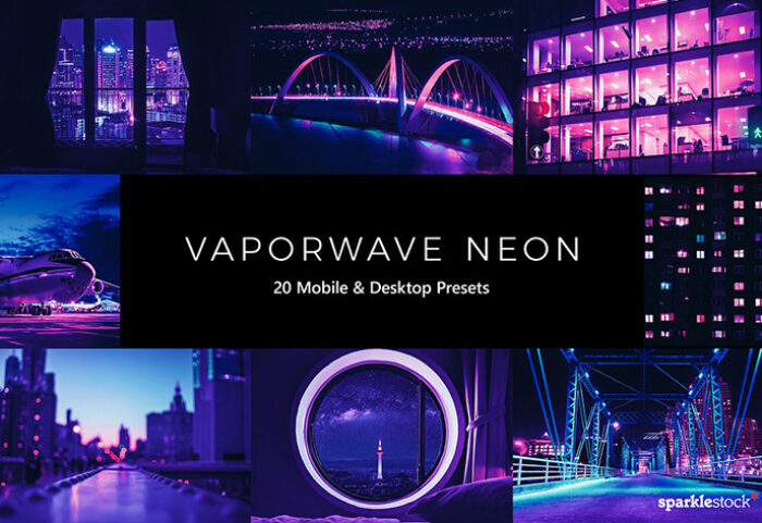 120 پریست لایت روم و لات رنگی و پریست کمرا راو فتوشاپ بخار نئون Vaporwave Neon LR Presets