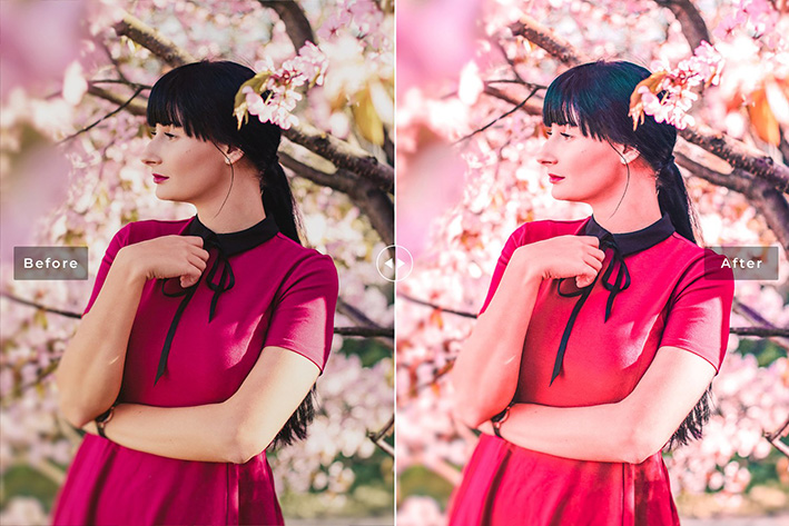 40 پریست لایت روم پرتره و پریست کمرا راو و اکشن فتوشاپ تم صورتی Coral Pink Lightroom Presets